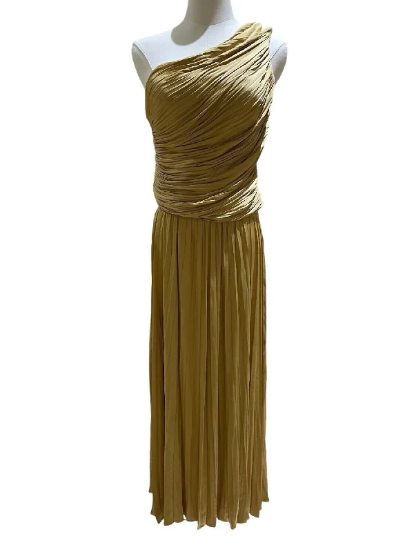 Women's Holiday Outfit One Shoulder Smocked Top And Pleated Midi Skirt Set In Gold