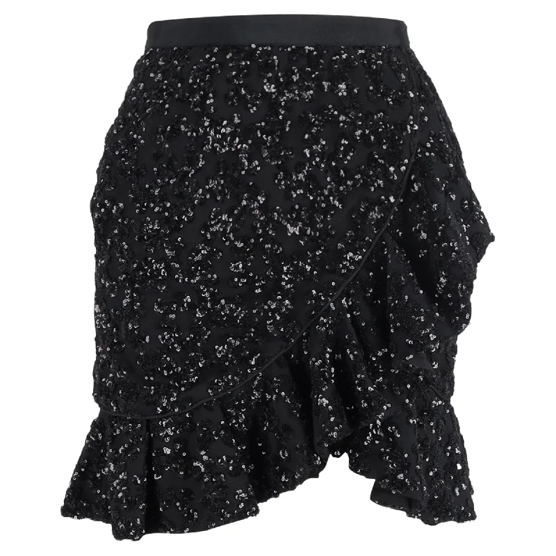 Women's Trendy Clothing Self-Portrait Sequined Mini Ruffled Skirt in Black Polyester