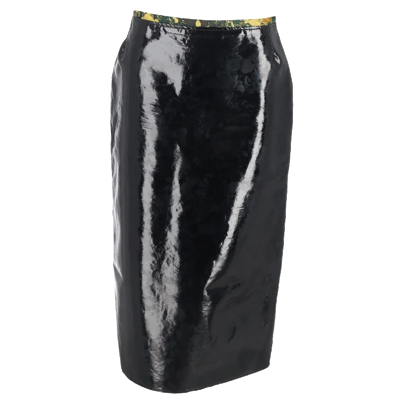 Women's Vacation Clothes Dries Van Noten Printed Waistband Detail Midi Skirt in Black Faux Leather