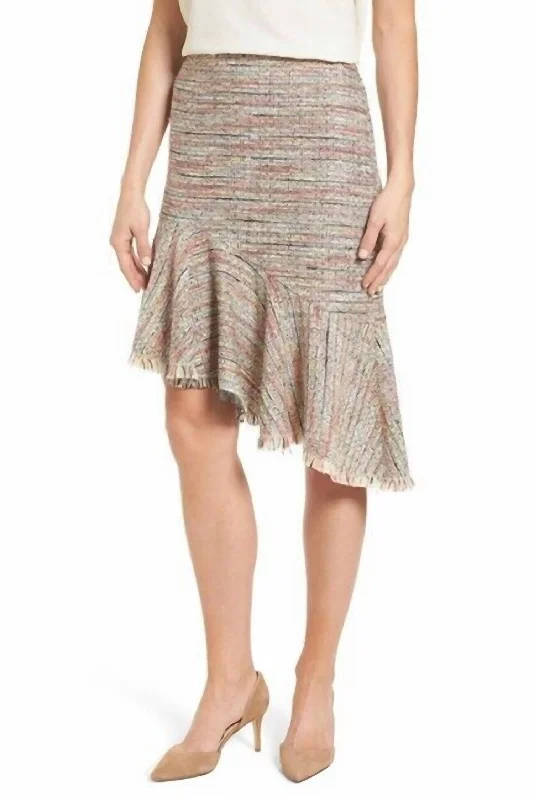 Vintage-Inspired Women's Apparel Tweed Asymmetrical Fringe Hem Midi Skirt In Multicolor