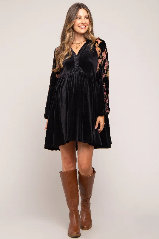 Women's Outdoor Attire Black Velvet Floral Long Sleeve Maternity Dress