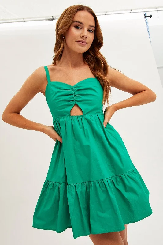 Women's Chic Outerwear Outfit Green Fit And Flare Dress Sleeveless Ruched Bust