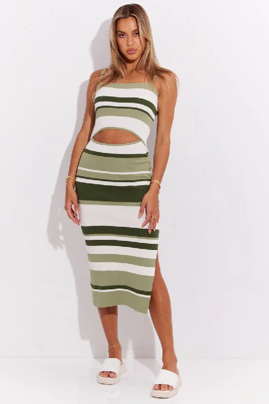 Formal Attire For Women Green Stripe Knit Dress Sleeveless Midi Cut Out