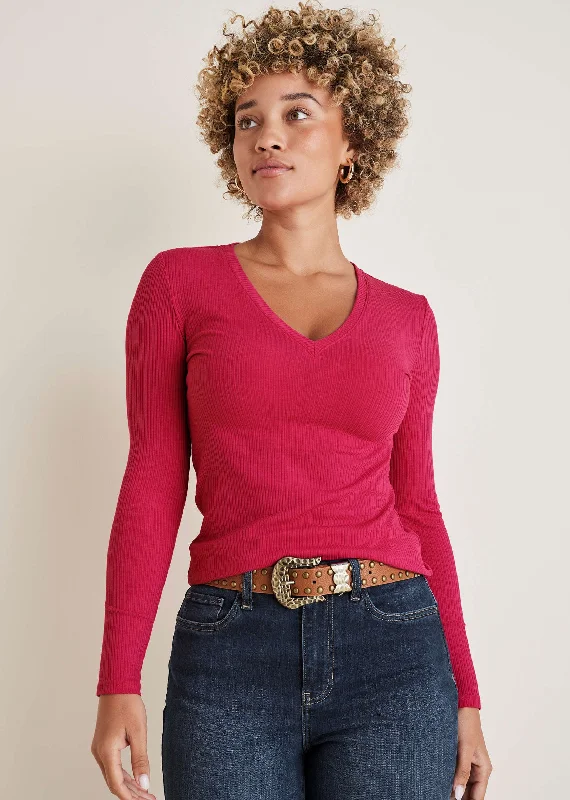 Women's Evening Wear Attire Ribbed Long Sleeve V-Neck - Barberry