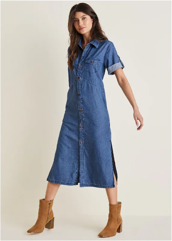 Women's Casual Wear Outfit Denim Midi Shirt Dress - Medium Wash